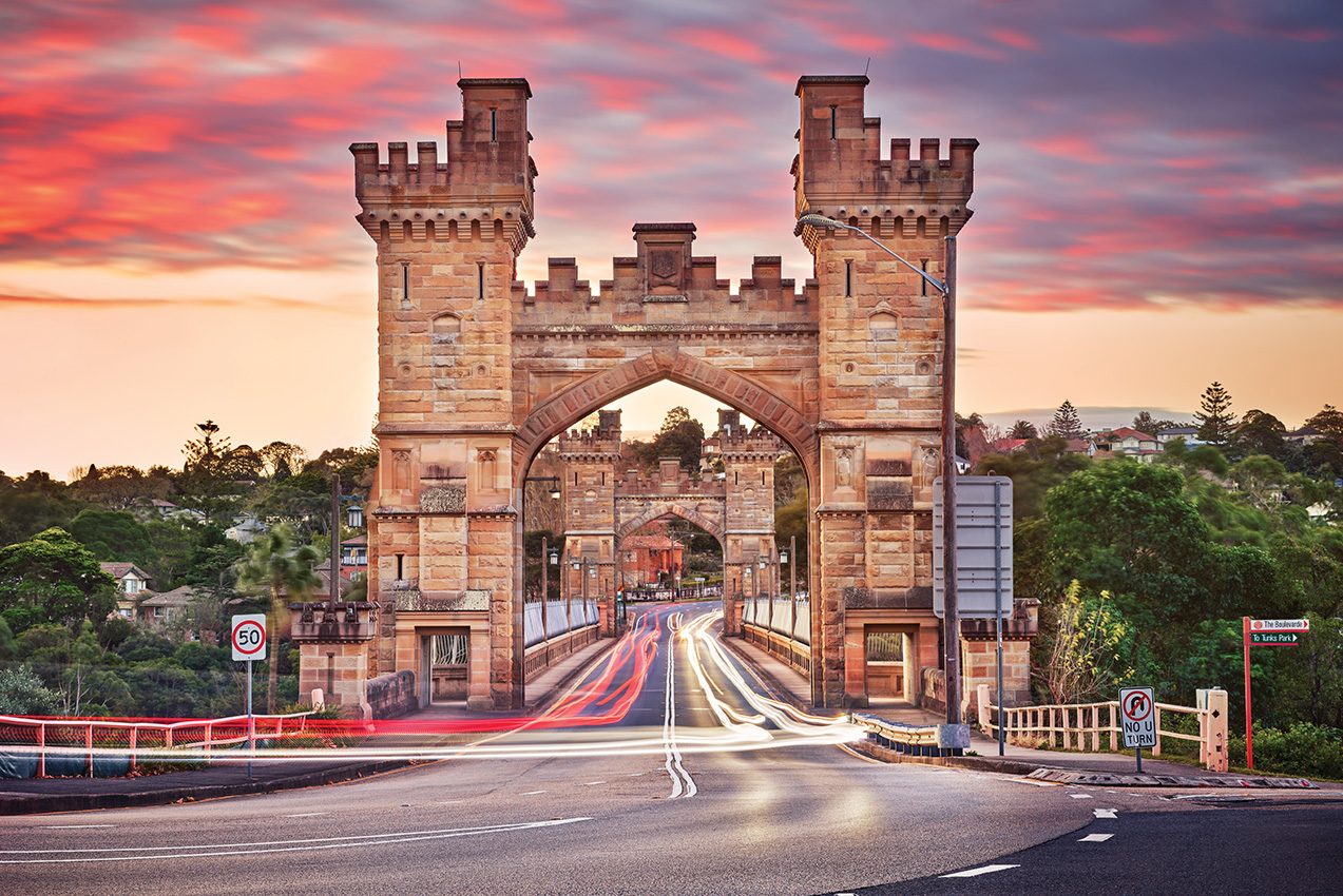 The Northbridge sandstone bridge at sunset
